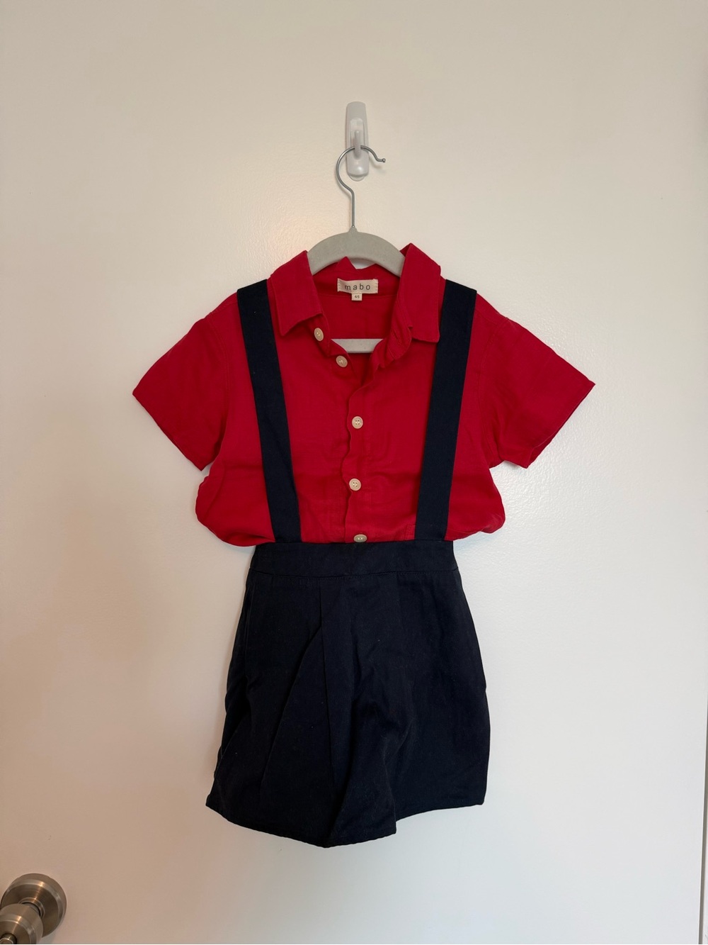 Mabi Kids - Red Shirt and Navy Suspender Skirt